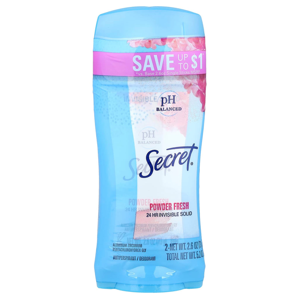 Secret, Anti-transpirant/déodorant solide et invisible au pH équilibré, Poudre fraîche, Lot de deux, 73 g pièce