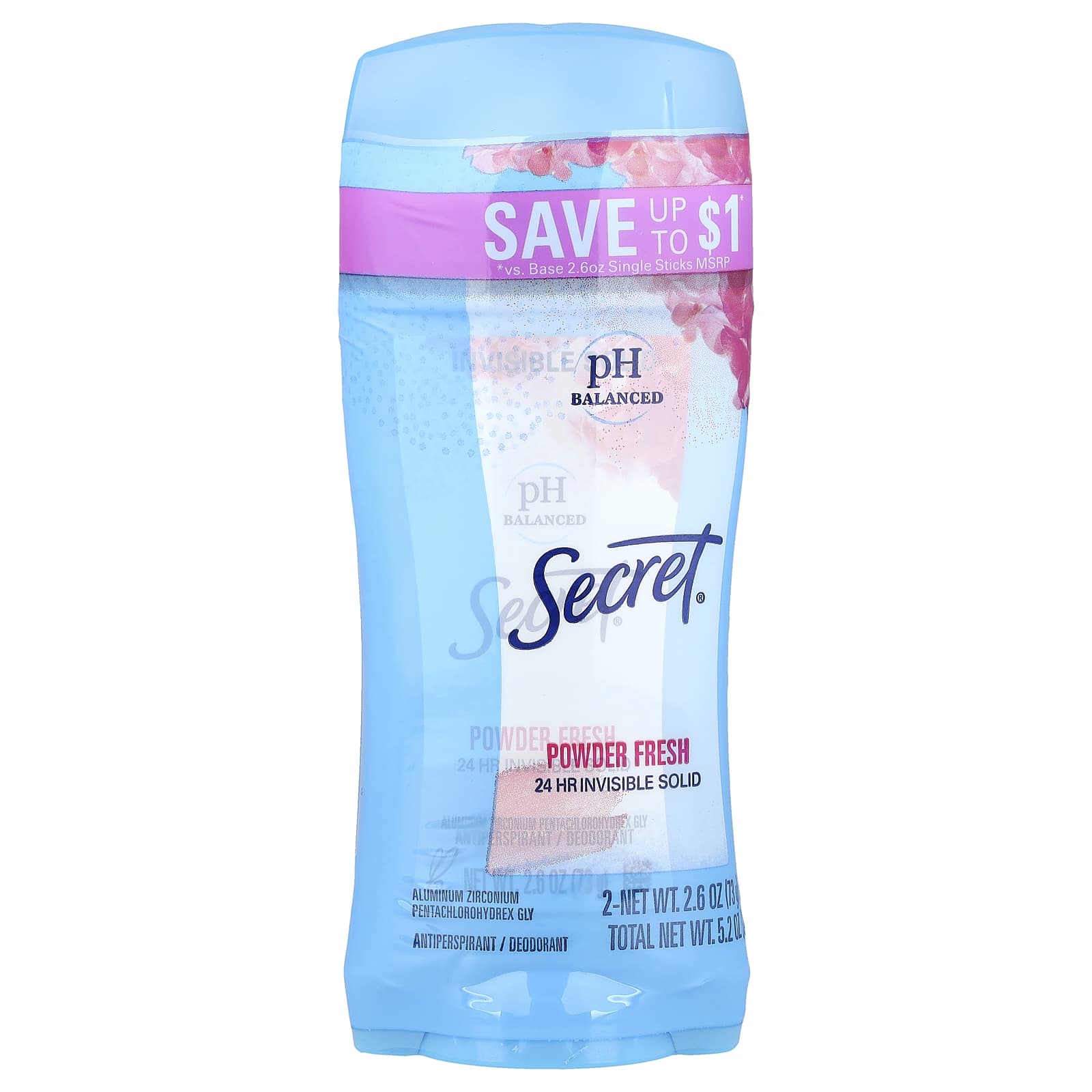 Secret, Anti-transpirant/déodorant solide et invisible au pH équilibré, Poudre fraîche, Lot de deux, 73 g pièce