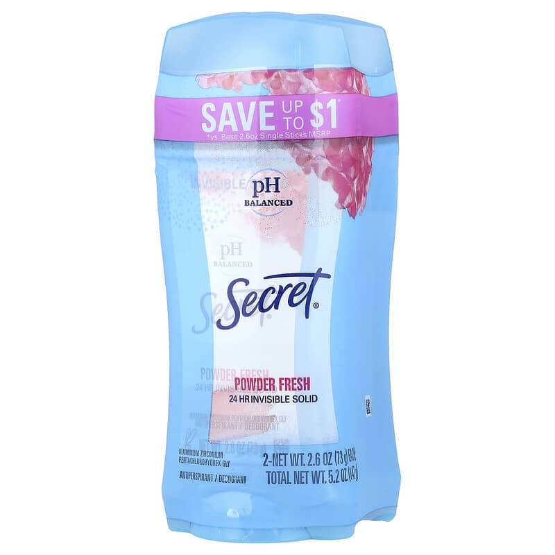 Secret, Anti-transpirant/déodorant solide et invisible au pH équilibré, Poudre fraîche, Lot de deux, 73 g pièce