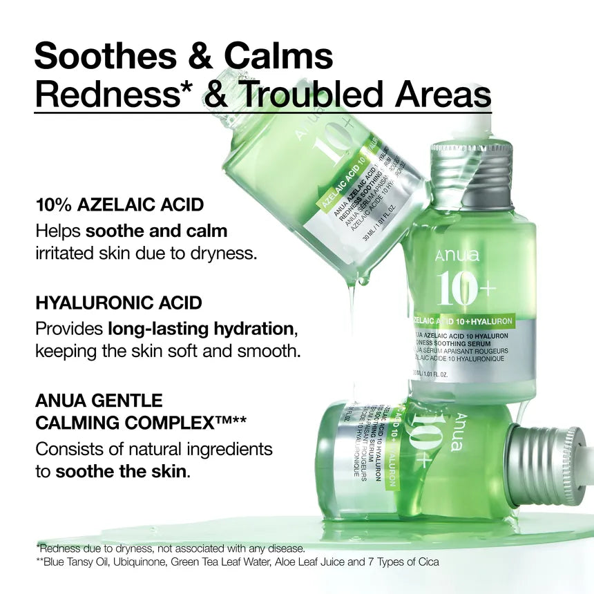 Anua - Azelaic Acid 10 Hyaluron Redness Soothing Serum - Sérum apaisant anti-rougeurs