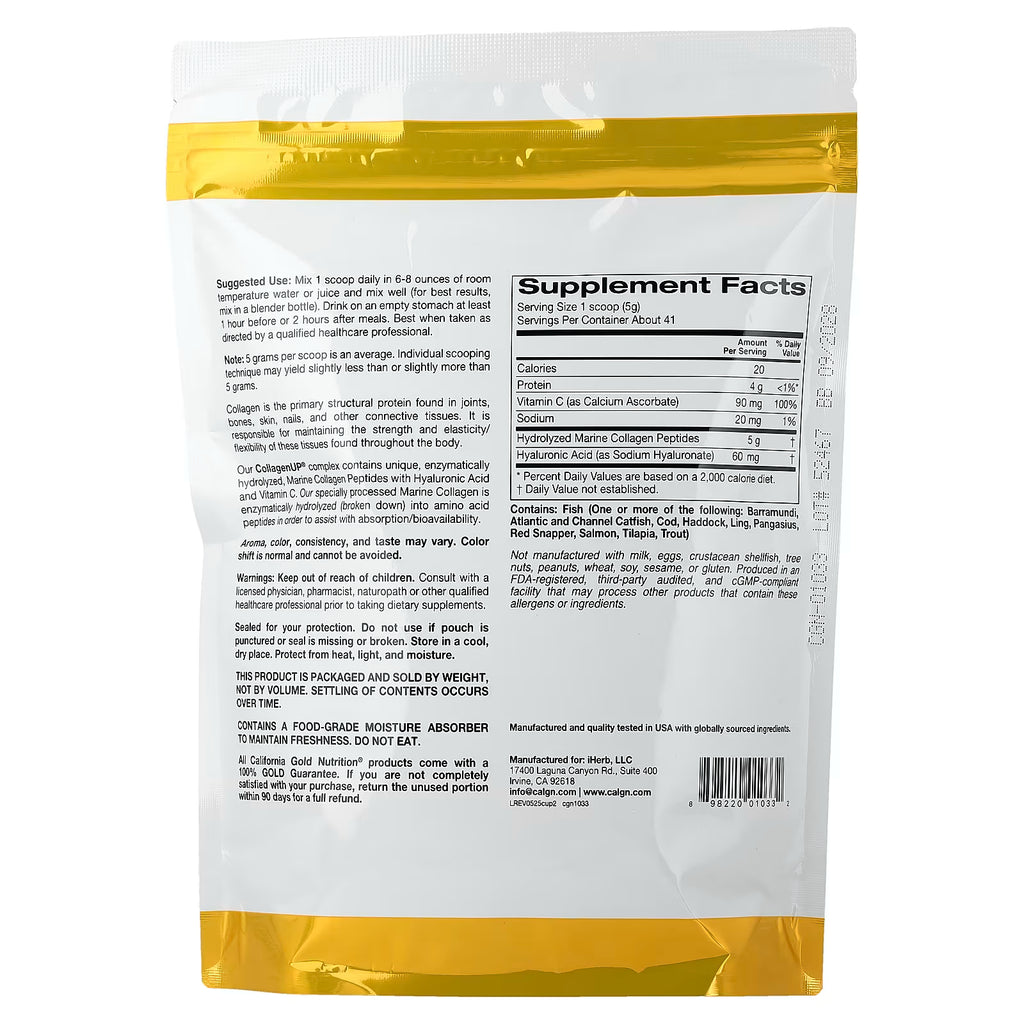 California Gold Nutrition, CollagenUP®, Peptides de collagène marin hydrolysé à l'acide hyaluronique et à la vitamine C, Sans arôme, 206 g